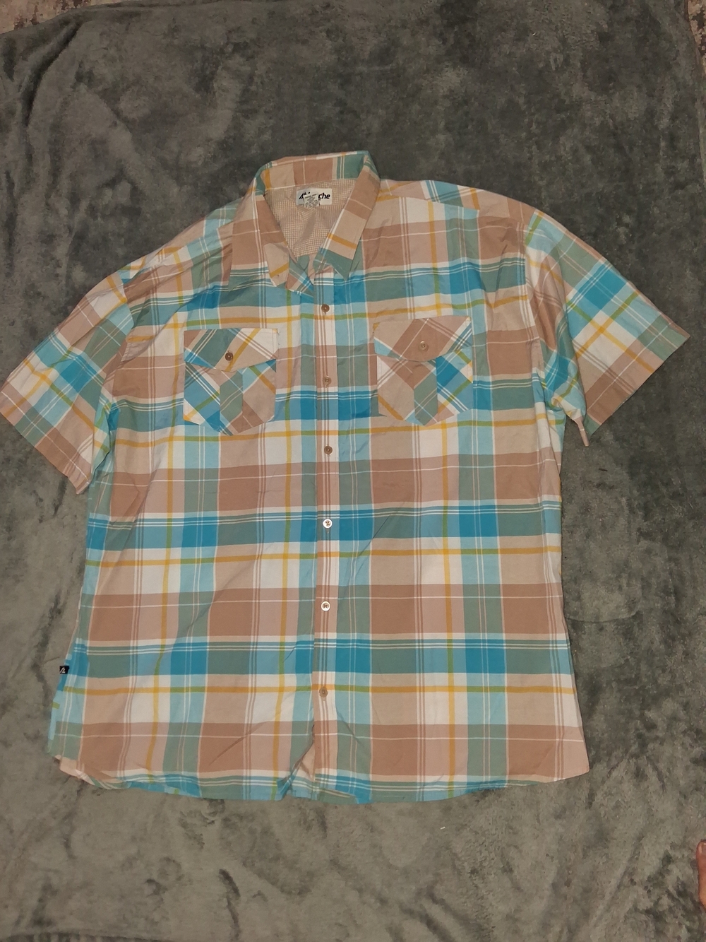 Ablanche Casual Short Sleeve Plaid Button-Down Shirt  Blue & Tan - Picture 2 of 5